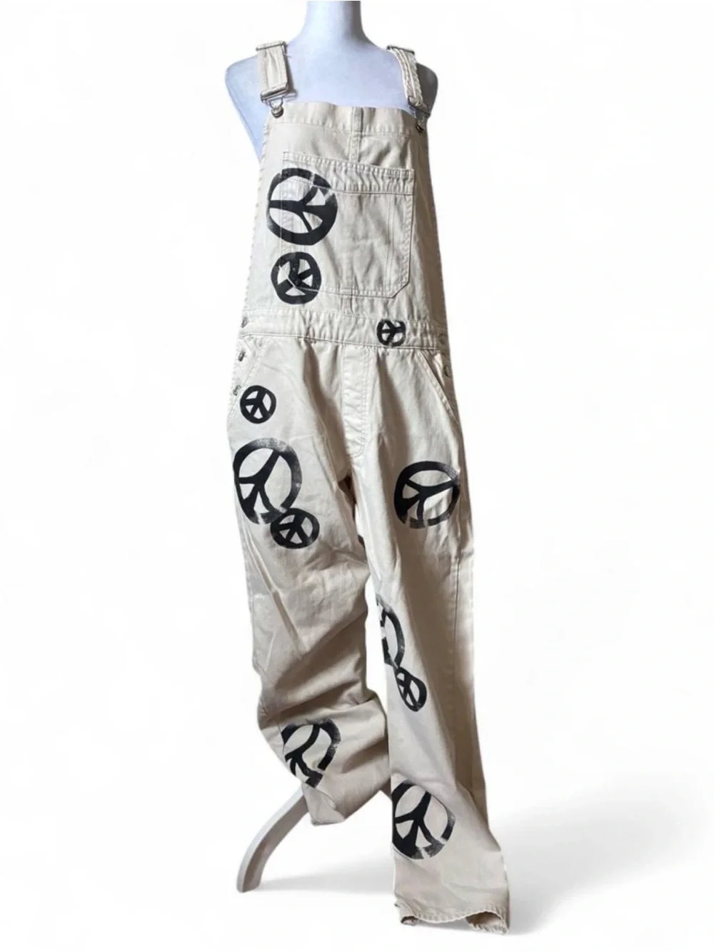 Free People Cream Peace Sign Boho Wide Leg Utility Jumpsuit Overalls size Medium